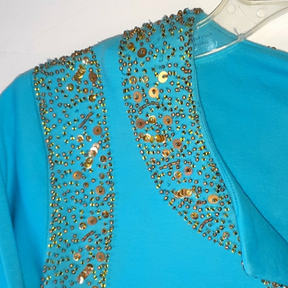 Quaker Factory Top Tunic Gold Sequin Embellished  Turquoise Blue Size Small - Picture 3 of 6